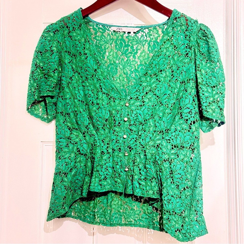 Zara Green Lace Button Top Size S